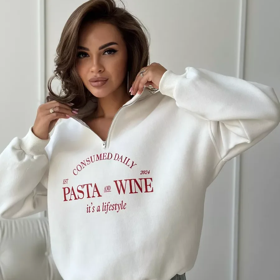 ครึ่งเปิดซิปLapelเสื้อหลวมกีฬาผู้หญิงPullover Retro PASTA WINE Letterพิมพ์แฟชั่นStreetwear