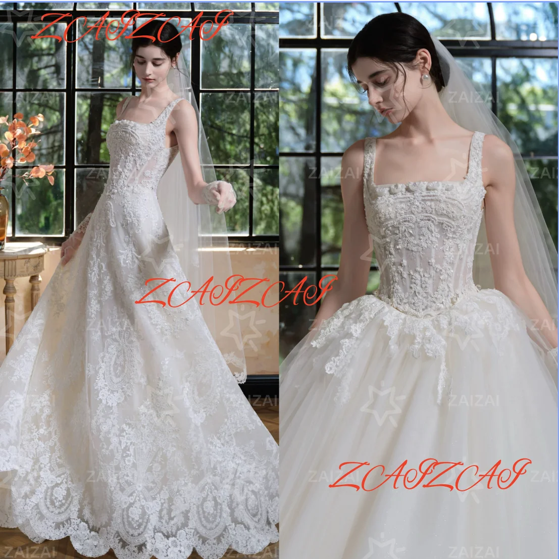 

Customized Charming lace A-line Wedding Dresses Sleeveless Wedding Dress Woman Bride Square Collar Appliques Sweep Train Vestido