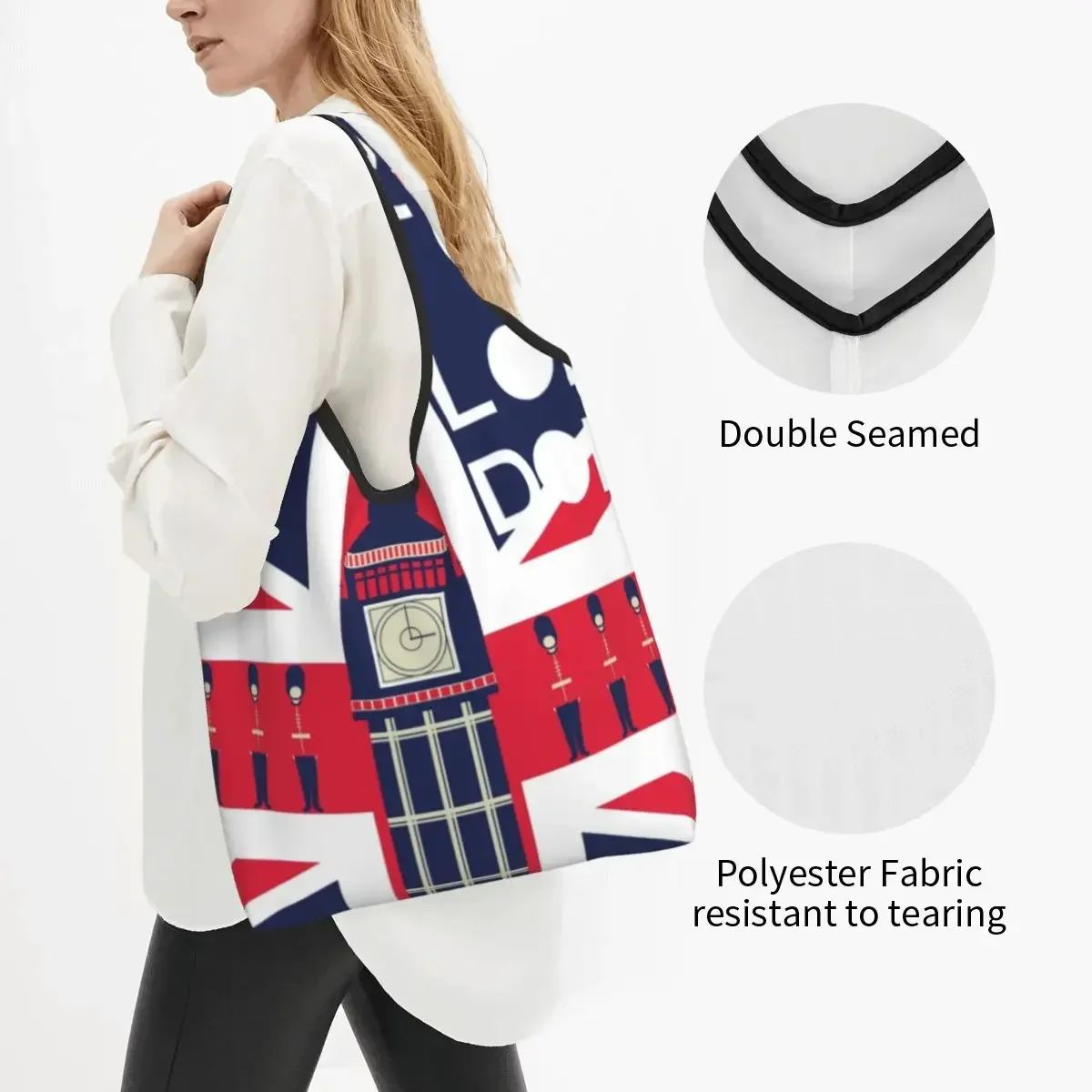 Cute Vintage British Flag With London Symbol Shopping Tote Bags Portable Union Jack Groceries Shopper Shoulder Bag