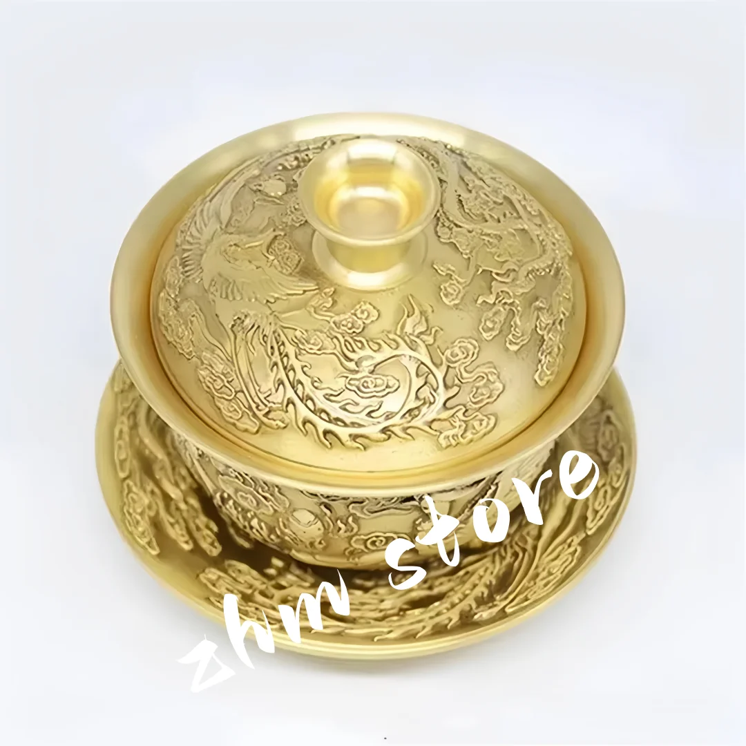 Pure Copper Coffee Cup Saucer Set 100ml Luxury Milk Mug Tea Cup Cafe Drinkware Couple Engraved Handcrafted Phoenix Dragon Gifts