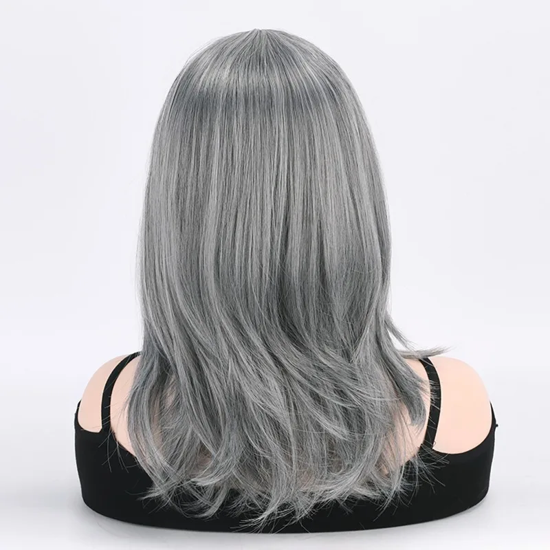 Femme Center raie frange POP Lady Match quotidien grand-mère gris longueur moyenne couvre-chef scène effectuer habiller longueur d'épaule perruque