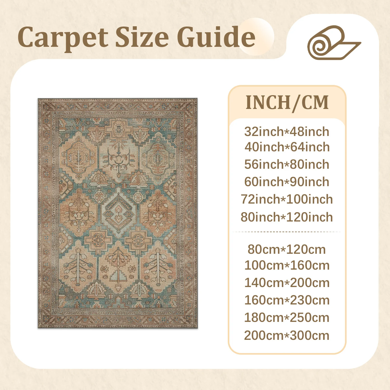 Large Indoor Area Rug, Soft Velvet Low Pile Rug with Non-Slip Dotted Backing, Machine Washable Vintage Bohemian Geometric Rug for Living Room and Bedroom, Distressed Teal Terracotta Beige Home Accent