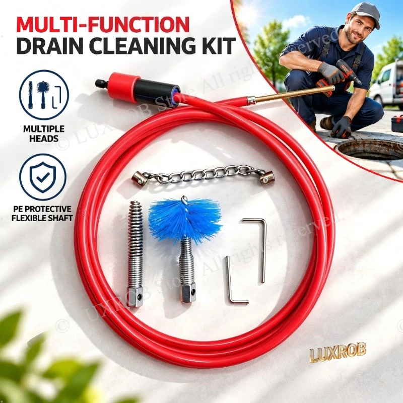 Multi-Function Drain Cleaning Kit, Thickened PE Tube, Flexible Shaft, Replaceable Heads, 2-in-1 Sewer Cleaning & Clog Remover