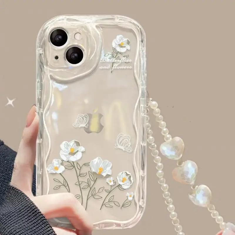 スマホアクセサリー DECO depuis 1985 3D FLOWER MALTI CHAIN 3D Flower Pearl Chain Phone Case For Samsung Galaxy S24 S23 Ultra