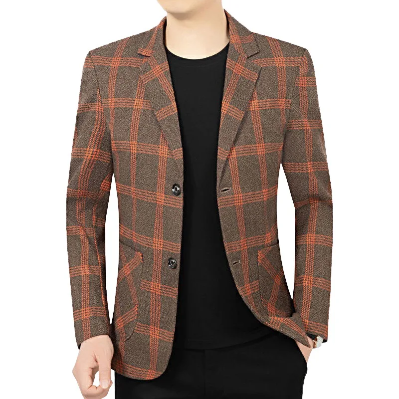 

High-quality men's checked wool coat suit jacket - New Korean-style design long coat - Men's business casual fitted coat jacket