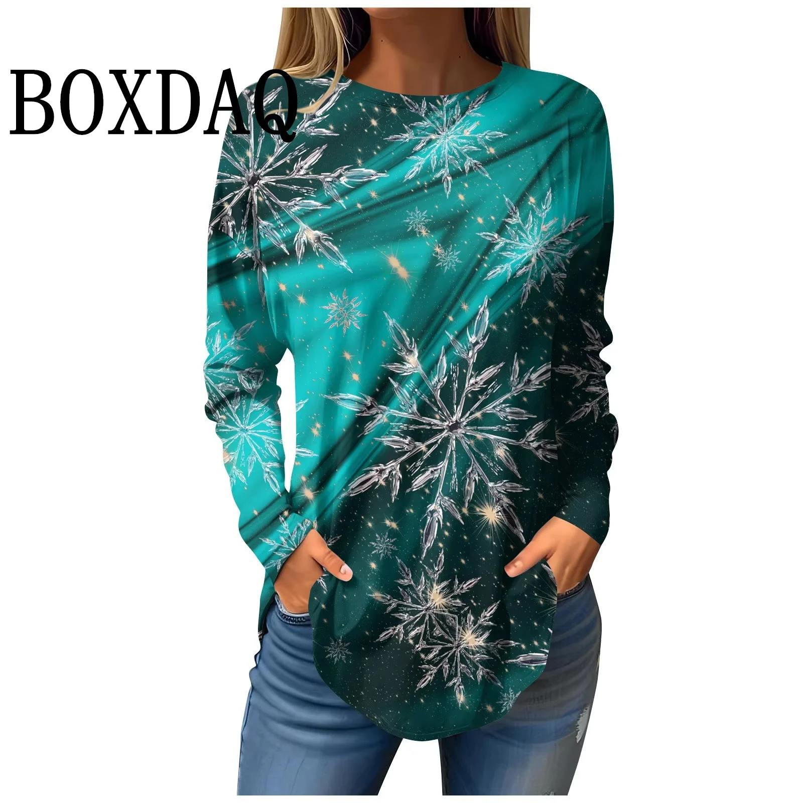 2024 Autumn Casual Xmas Snowflakes Loose Tops Women's Clothing O Neck Long Sleeve Holiday Party Christmas Print Fashion T Shirts