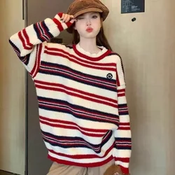 Fashion Striped O-neck Knitting Pullovers Women Autumn Winter Loose Long Sleeve Sweater Simplicity All-match Trend Knitwear Tops