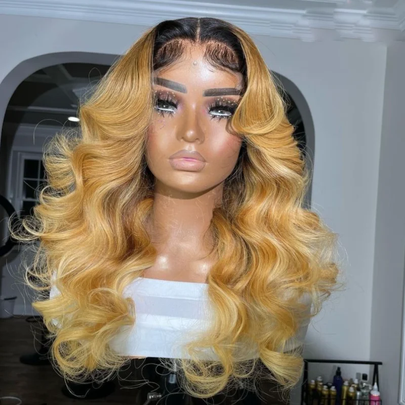 

26Inch 180%Density Ombre Blond Wave Lace Front Wigs For Women Baby Hair Synthetic High temperature Fiber Daily Wear Wigs