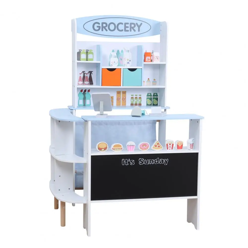 Tienda de comestibles de juguete, juego de tienda de comestibles para niños pequeños, supermercado de juego de simulación de madera con mostrador de caja, modelo de aperitivos