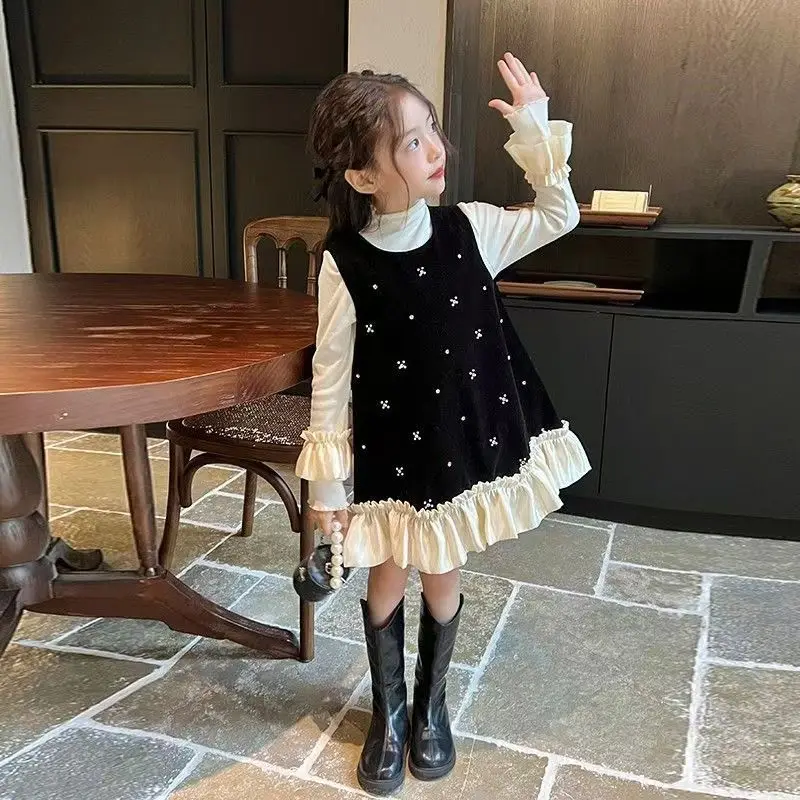 Girls' 2025 AW New Stylish Velvet Princess Thickened Pinafore Dress 2-Piece Set for 4-12Y