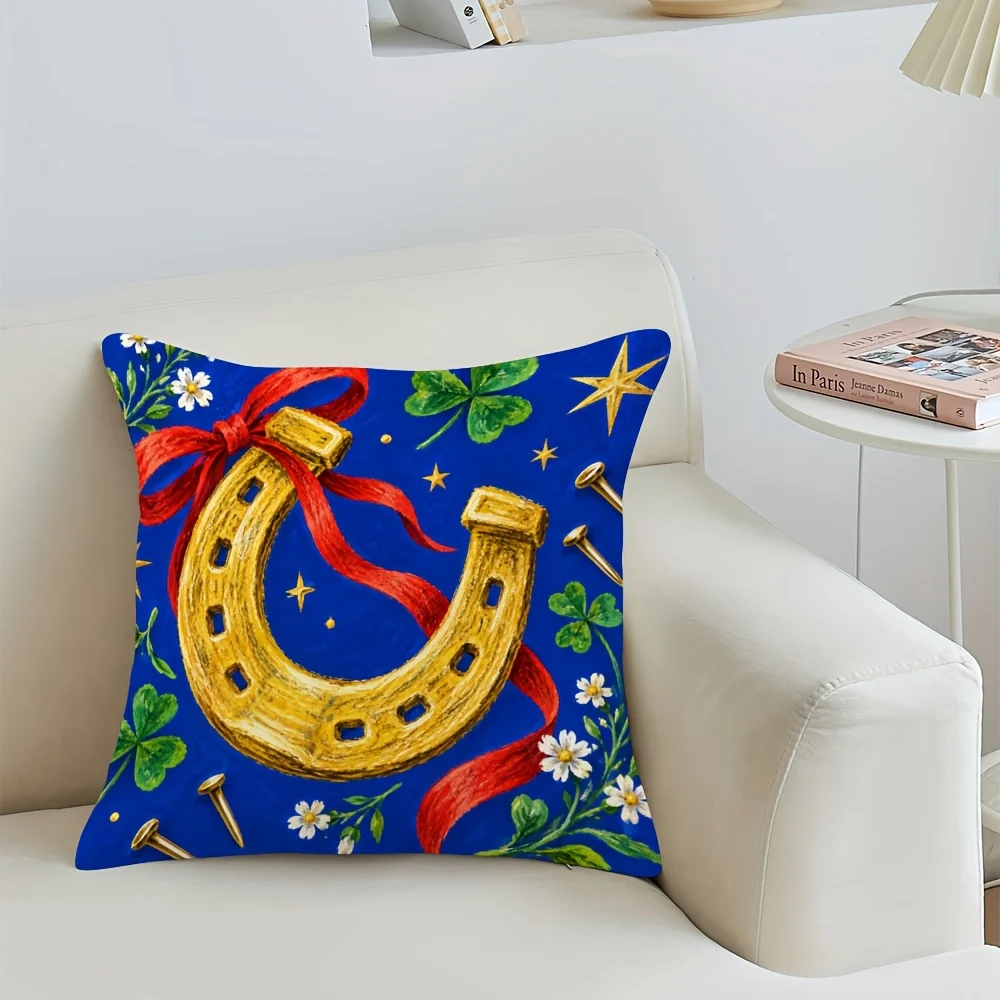 St. Patrick's Day Throw Pillow Cover Blue Clover Horseshoe Design Festive Home Decor Accent Cushion