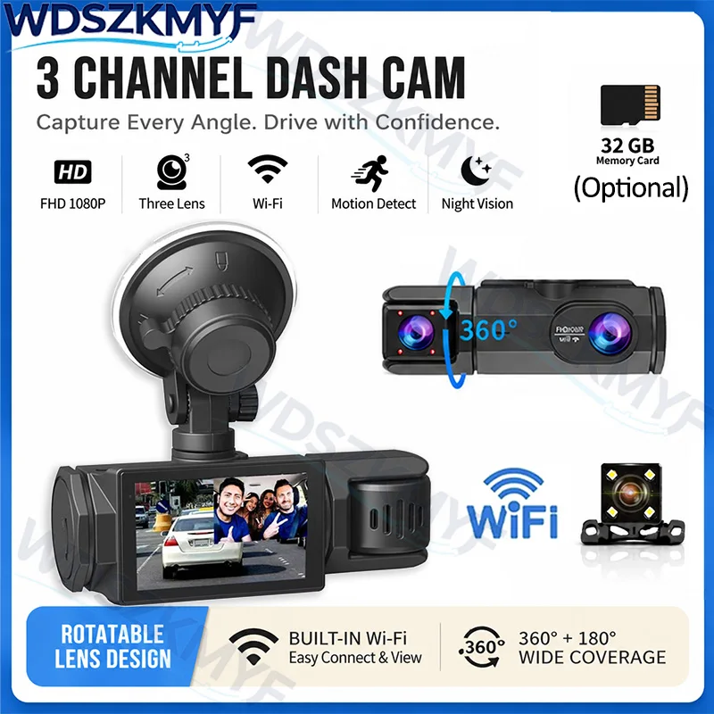 Image of Neue WLAN-Dashcam 2/3-Kanal Autokamera FHD 1080P Videorekorder Auto-DVR Weitwinkel Vorne Innen Nachtsicht Schleifenaufnahme