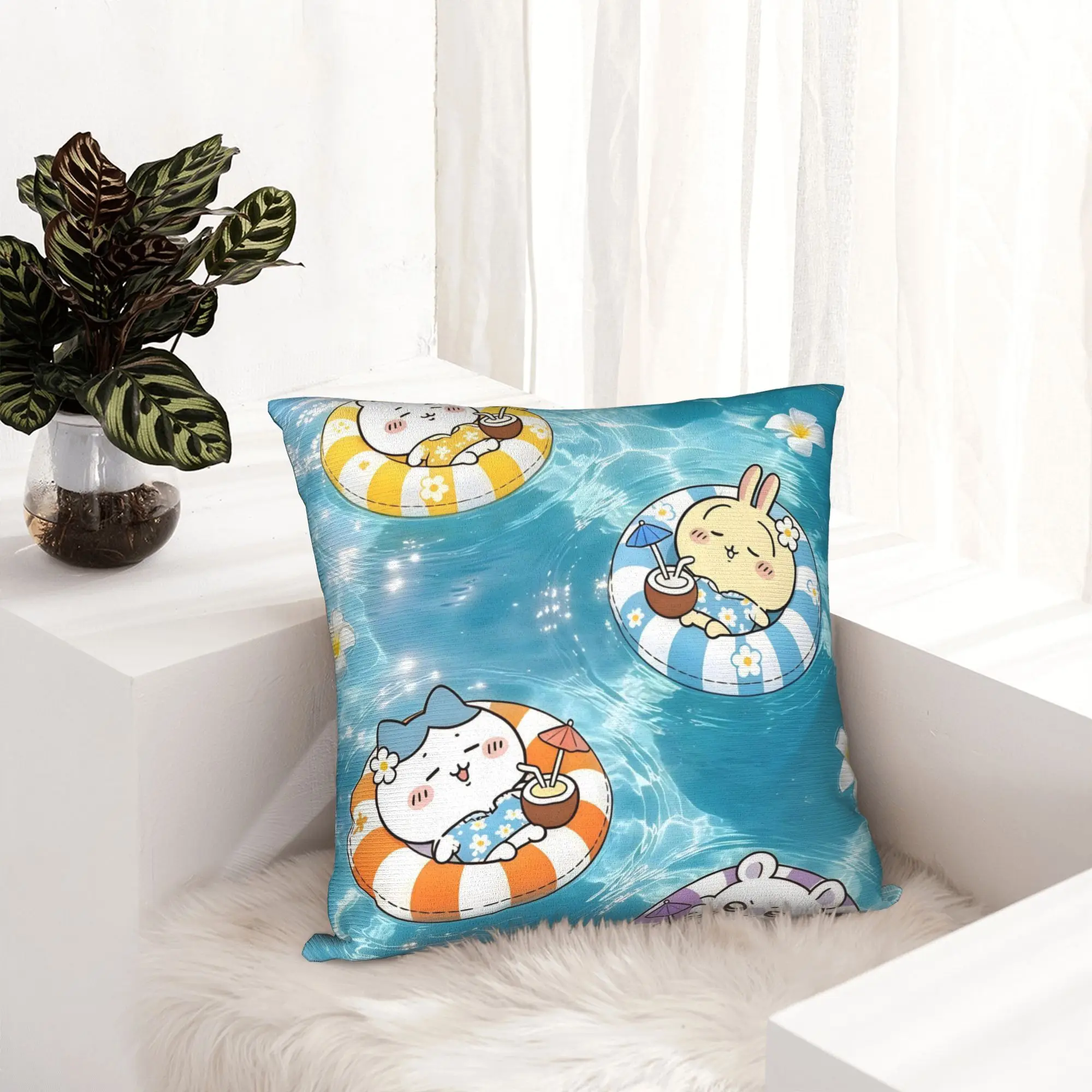 Chiikawas Pool Float Summer Kawaii Anime Pillowcase Printing Polyester Cushion Cover Decor  Throw Pillow Case Cover Chair Zipper