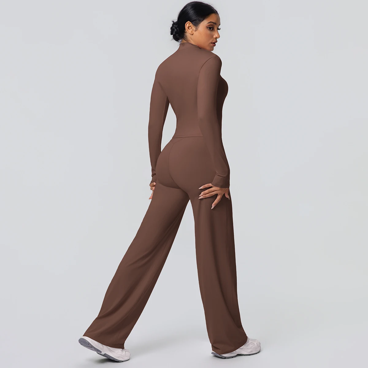 2 stück Schnell Trocknend Sport Fitness Kleidung Yoga Set Frauen Yoga Zipper Lange Ärmel Hohe Taille Atmungsaktive Breite Bein Hosen set – Detail 11