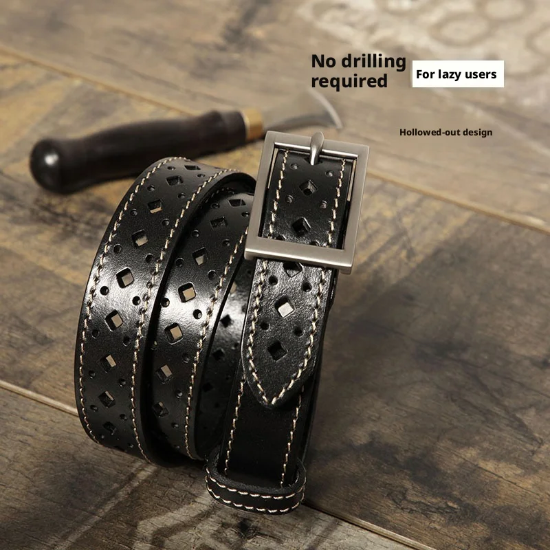 Vintage 2.8cm Wide Black Hollow Top Layer Leather Belt for Men Women Genuine Leather Square Pin Buckle Unisex Jeans Waist Belt