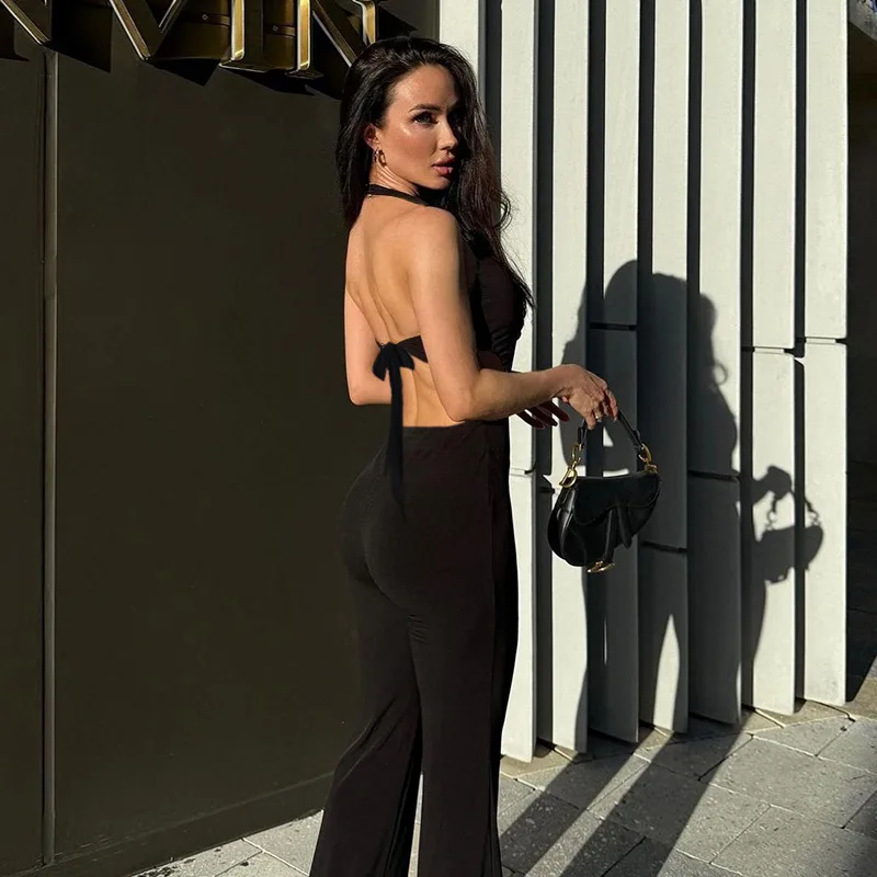 여름 여성 점프수트 딥 브이넥 홀터 백리스 타이 사이드 골드 3D 플로럴 아플리케 우아한 원피스 플레어 팬츠 의류