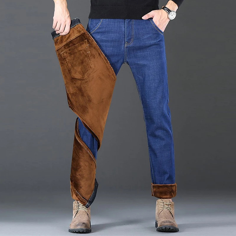 Men Autumn Winter Fleece Lined Thickened Jeans Male Fashion Loose Straight Denim Pants Warm Smart Casual Trousers