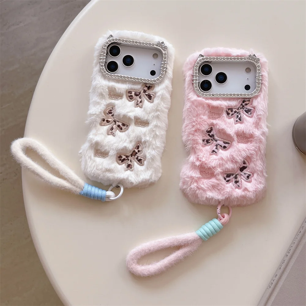 Korea Ins Leopard pink bowknot Phone Case For iPhone 18 Pro 14 15 16 17 Pro Max Cover Shockproof Cute Plush Cases with Chain