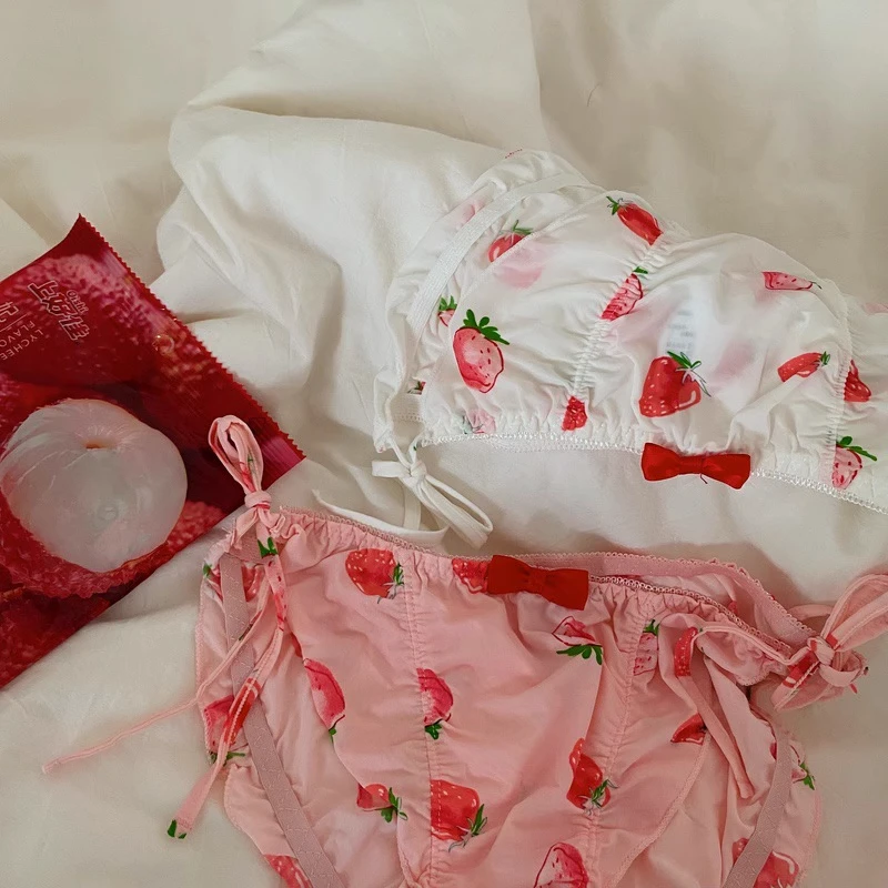 SP&CITY Strawberry Printed Cute Bow Sexy Women\'s Underwear Sweet Girl Milk Silk Breathable Panties Cotton Crotch Ruffle Briefs
