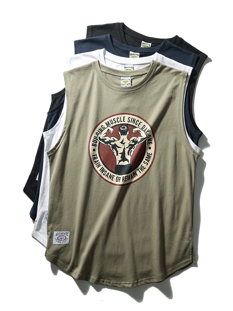 Summer New American Retro Sleeveless O-neck Letter Printed T-shirt Men's Fashion 100% Cotton Washed Old Casual Sports Vest Tops