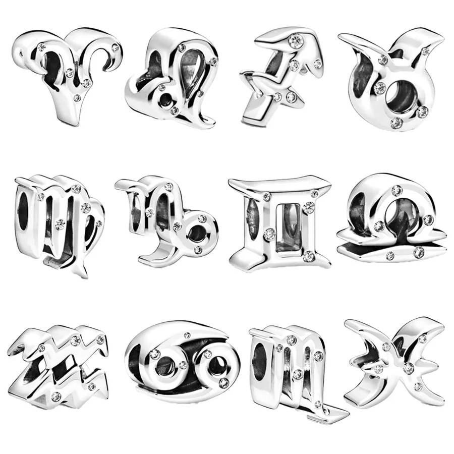 Classical Sparkling Aries，Gemini，Capricorn，Pisces Zodiac Charm Beads Fit Original European Silver 925 Bracelet DIY Jewelry Gift