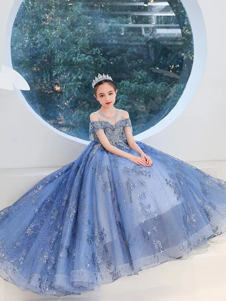 

Girls Elegant Blue Lace Flower Girl Princess Long Gown Kids Christmas Dress Evening Prom Party Vestidos Kid Wedding Dresses