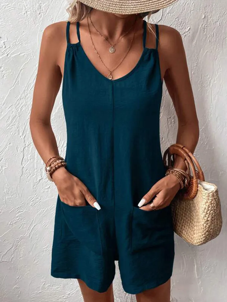 Women\'s Casual Summer Short Rompers Overalls 2024 Loose Sleeveless Double Sling Strap Jumpsuits with Pockets