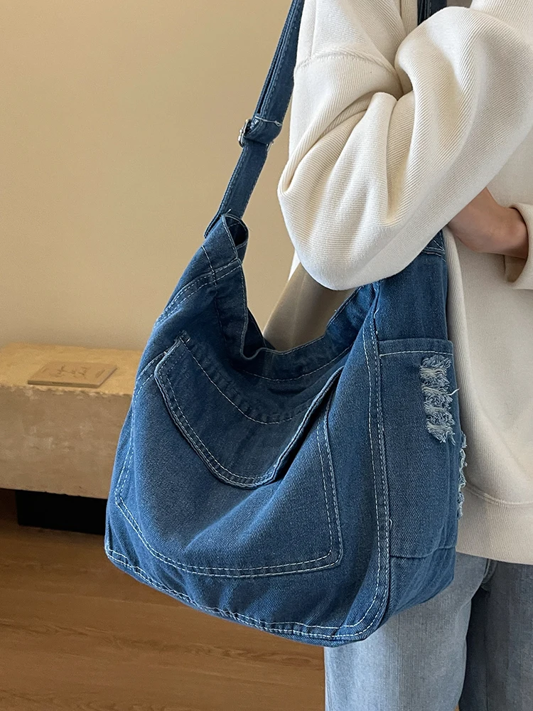 Korean Fashion Large Capacity Crossbody Bag 2024 New Autumn And Winter Denim Butchert Bag, High-end And Versatile Shoulder Bag