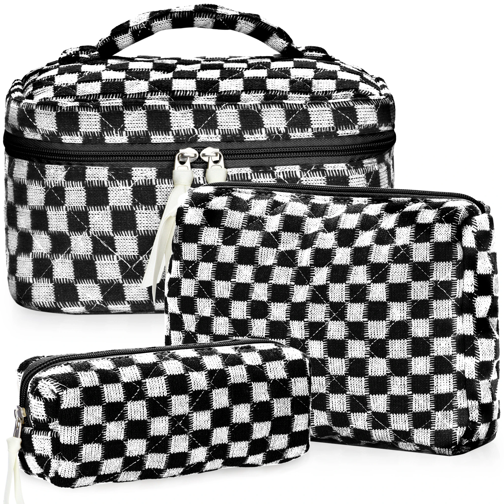 3 Pieces Black Checkered Makeup Bag Cosmetic Bag Portable Travel Makeup Case Pencil Pouch Women Toiletry Bag for Girls Traveling