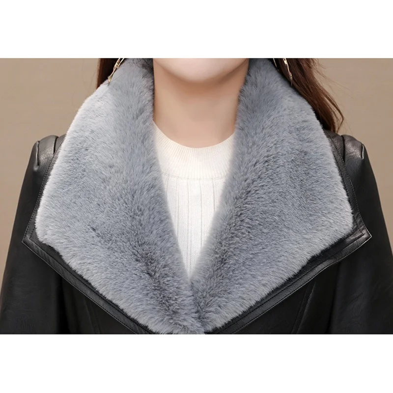 2023 New Women PU Leather Jacket Mid-Long Thickening Black Jacket Faux Fur-neck Warm Coat Motorcycle Outwear Overcoat Autumn Win