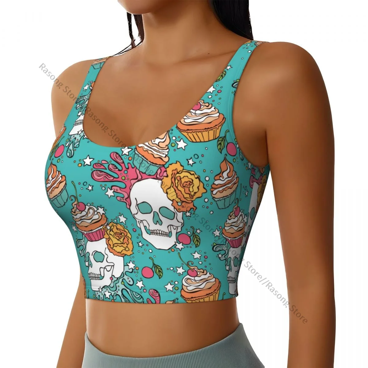 Yoga Vest Women Gym Sports Crop Tops Skull And Cupcake Pattern Streetwear Workout Breathable Tank Top Female