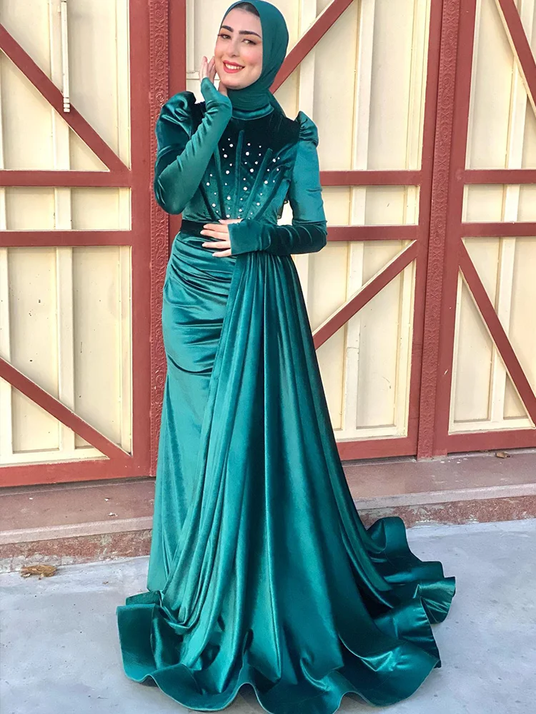 Jirocum zeemeermin moslim avondjurk dames diamant schildpad hals lange mouw feestjurk vloerlengte speciale gelegenheidsjurken