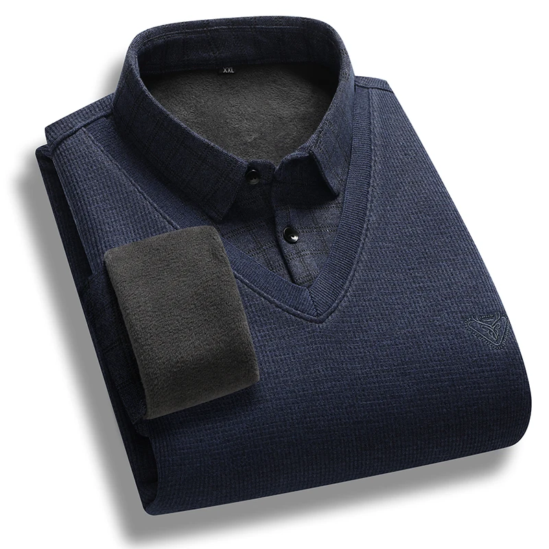 Autumn Winter Turn-down Collar Flocking Checkered Button Striped Men\'s Clothing Pullover Casual Formal T-shirt Fashion Tops