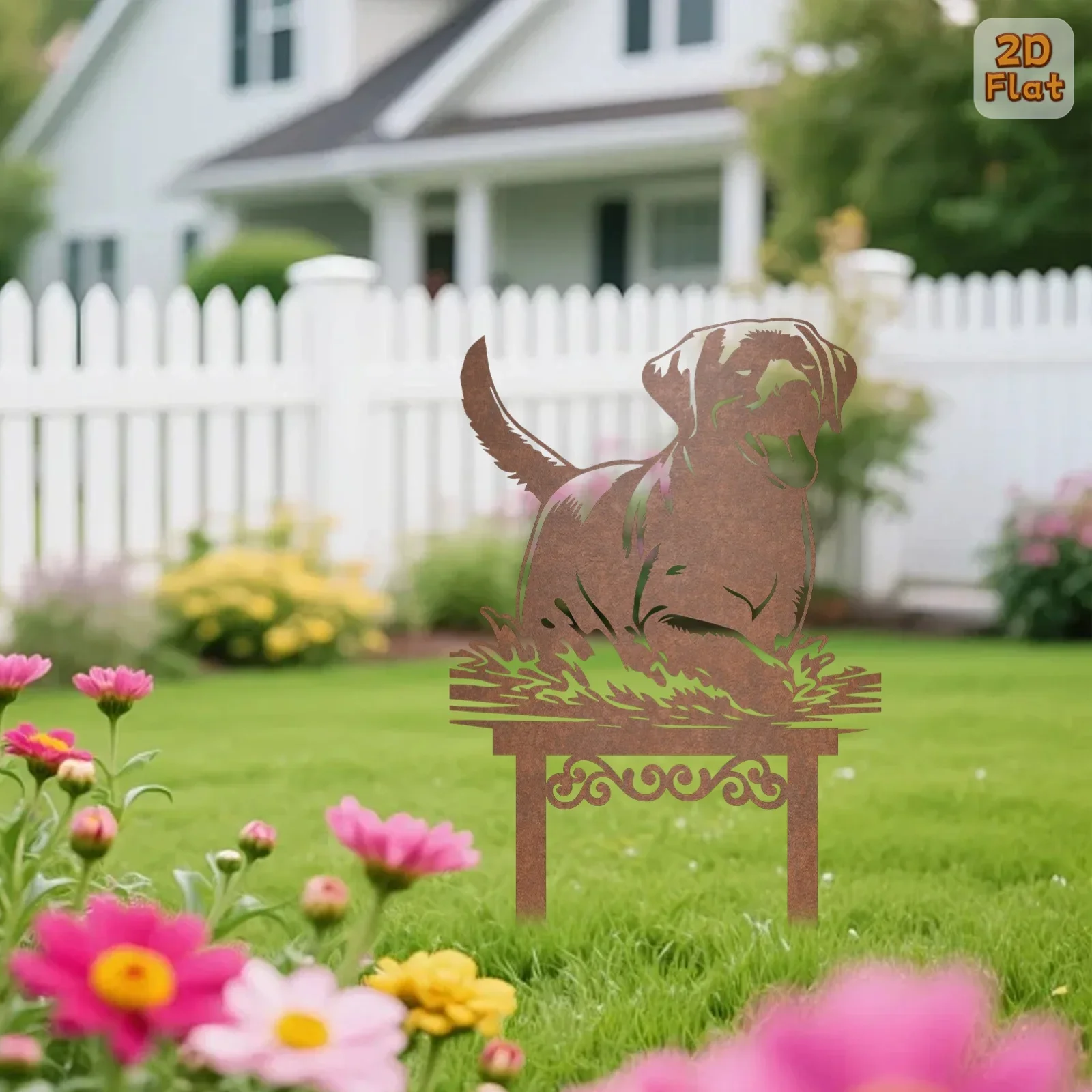 【2D Flat】Rusty Splashing Puppy Metal Garden Stake – Easy Install Ground Spike – Rustproof Outdoor Yard Lawn Decor – Great Gift