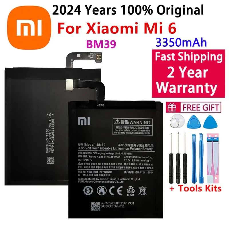 

2024 Years New 100% Orginal Xiao mi BM39 3350mAh Battery For Xiaomi 6 Mi6 M6 High Quality Phone Replacement Batteries Free Tools