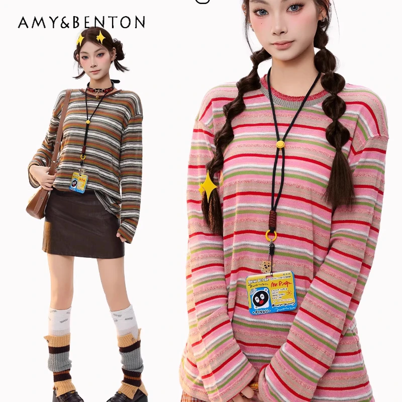 

American Retro Design Striped Commuter Loose Long Sleeve Women's Top 2026 Spring Casual Age-Reducing Versatile T-Shirt Ladies