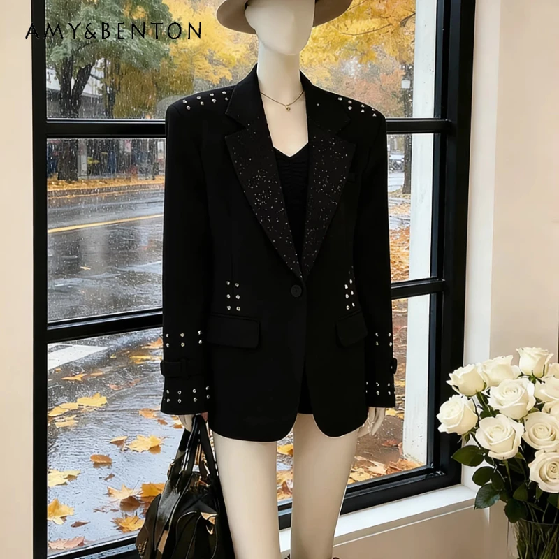 

Черный женский пиджак с заклепками, прочный, стильный, весенне-осенний, свободный, милый, крутой, универсальный, модный блейзер для женщин