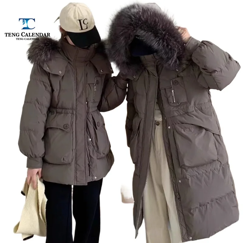 Fashionable Real Raccoon Big Fur Collar Down Jacket, Women's Short Waist Slimming Jacket, New for Winter 2025