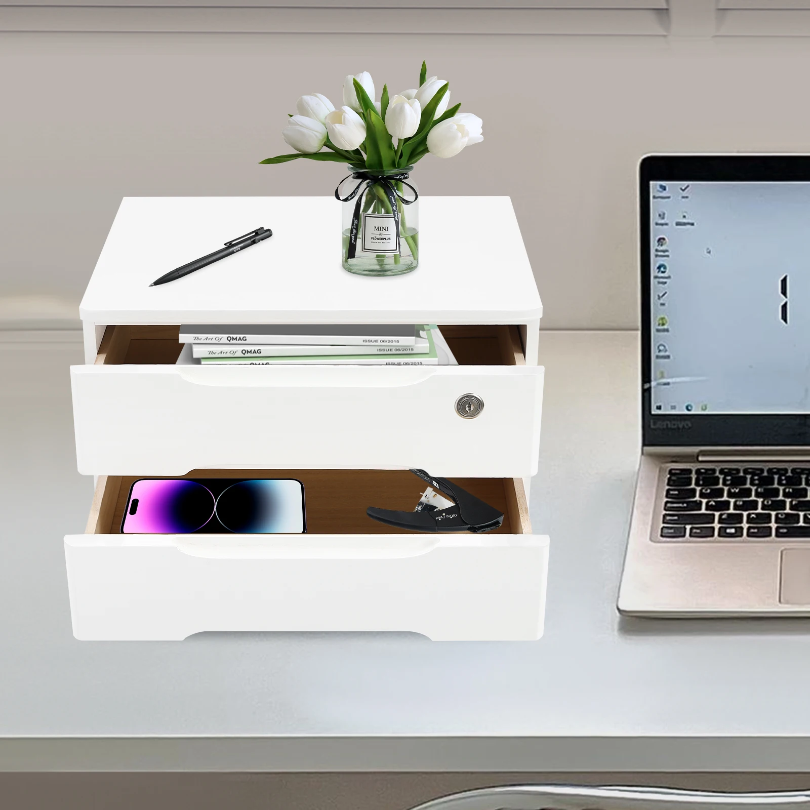 39*30*21cm 2 Layer Desktop Storage Box Desktop Storage Box with Lockable Drawer Drawer Organizer for Office Study Bedroom White