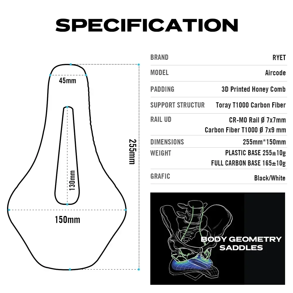 RYET Full Carbon Saddle 3D Printed Bicycle Saddle Ultralight Hollow Comfortable Breathable MTB/Road 150MM Bike Cycling Seat Part