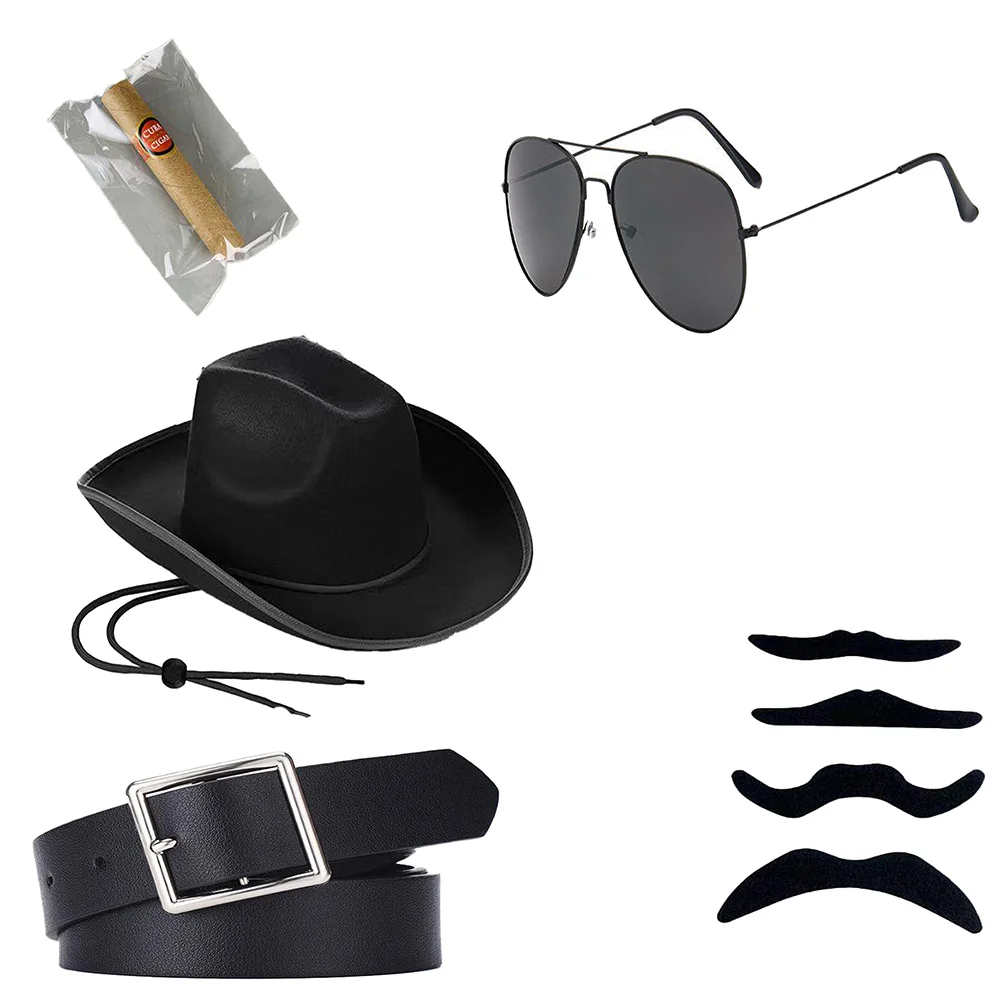 

PESENAR Необходимый набор в стиле ретро включает черную ковбойскую шляпу, крутые солнцезащитные очки, пояс, имитация сигар и усов.