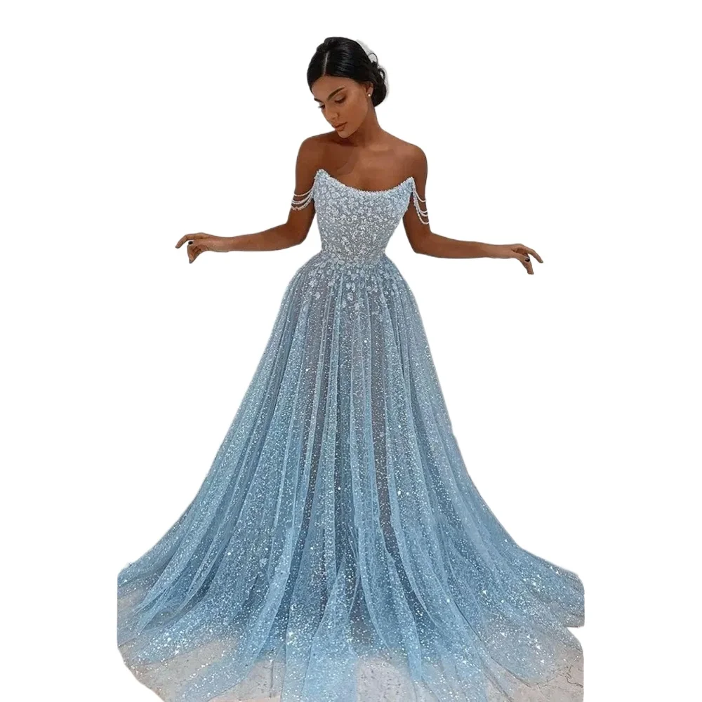 멋진 라이트 스카이 블루 스팽글 이브닝 드레스 섹시한 스파게티 스트랩 백리스 쉬어 튤 블링블링 스팽글 긴 공식 행사