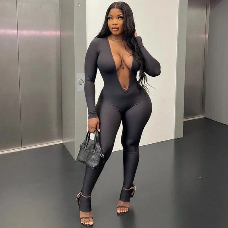 

Doyerl Solid One Piece Jumpsuit Women Sexy Deep V-neck Long Sleeve Open Back Skinny Bodycon Rompers Club Party Overalls Femme