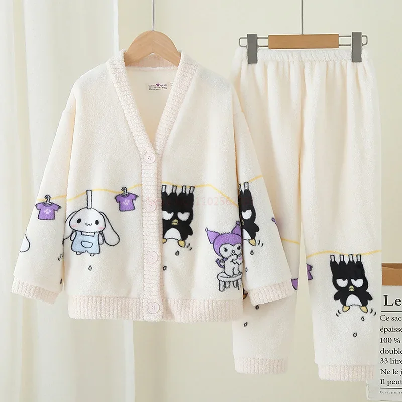 Kawaii Sanrio Kuromi Cinnamoroll Children Cardigan Pajamas Cute My Melody Winter Warm Coral Fleece Thicken Girl Home Pajamas Set