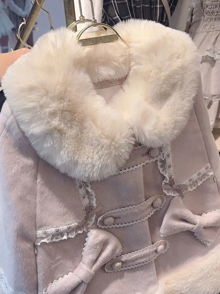2025 Winter Japanese Sweet Elegant Woolen Coat Women Soft Lolita Furry Design Short Jacket Female Princess Chic Loose OverCoat
