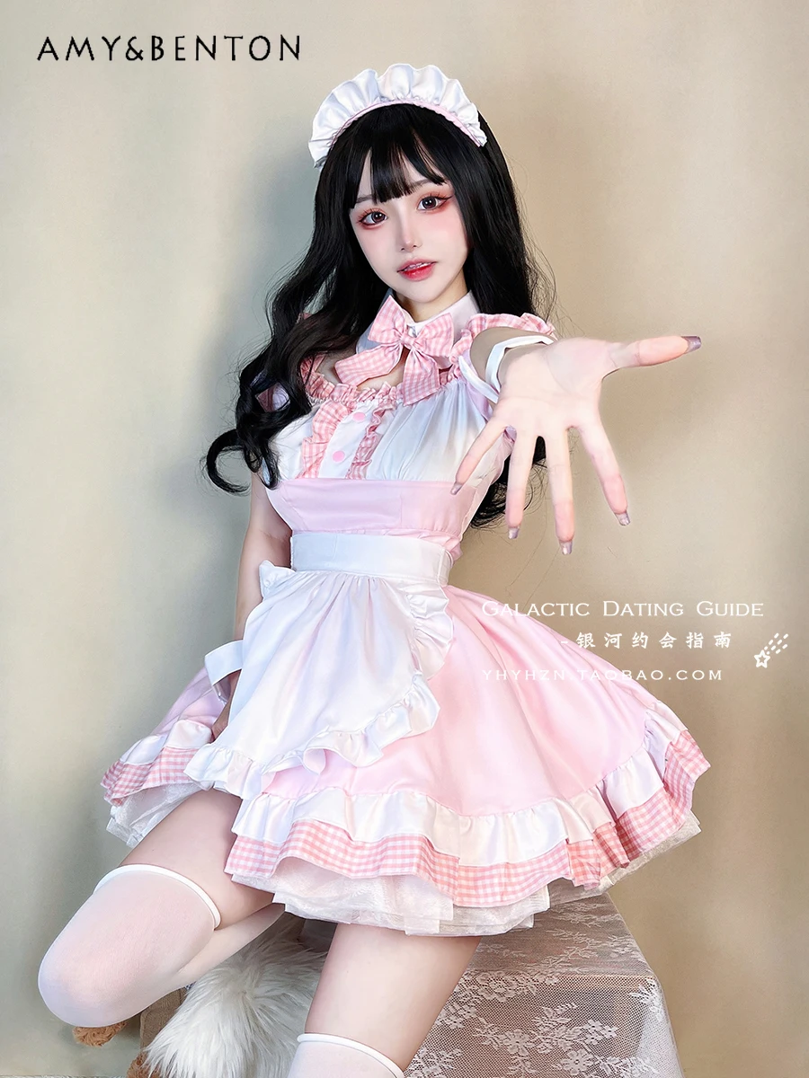 

Sweet Beautiful Women Cosplay Costume Pink Two-dimensional Japanese Lolita Girl Dress Bubble Short Sleeved High Waisted Dress