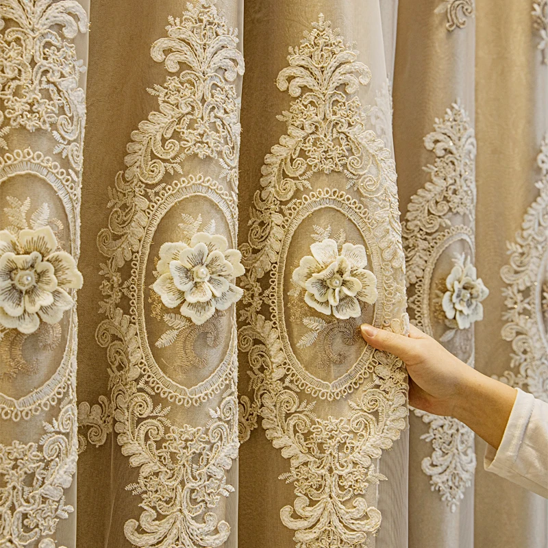 European-style Double-layer Thickened Golden Light-blocking Luxury Embossed Embroidery Yarn Custom Size Elegant Living Room