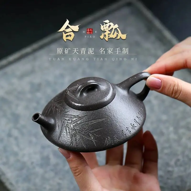 Yuanhu Jieshe Yixing Zisha Teapot Made From Natural Ore Tianqing Clay With Stone Shaped Handle Fully Hand Carved And Painted