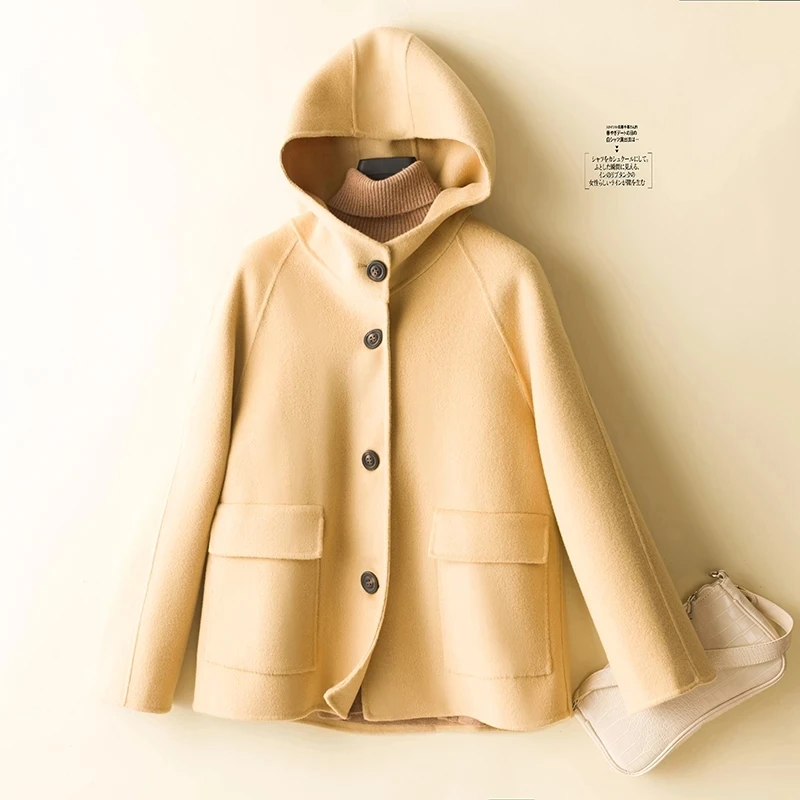 Female Double-Sided Cashmere Hooded Small Coat Woolen Pure Wool Short Coats Small Autumn And Winter Women's Top