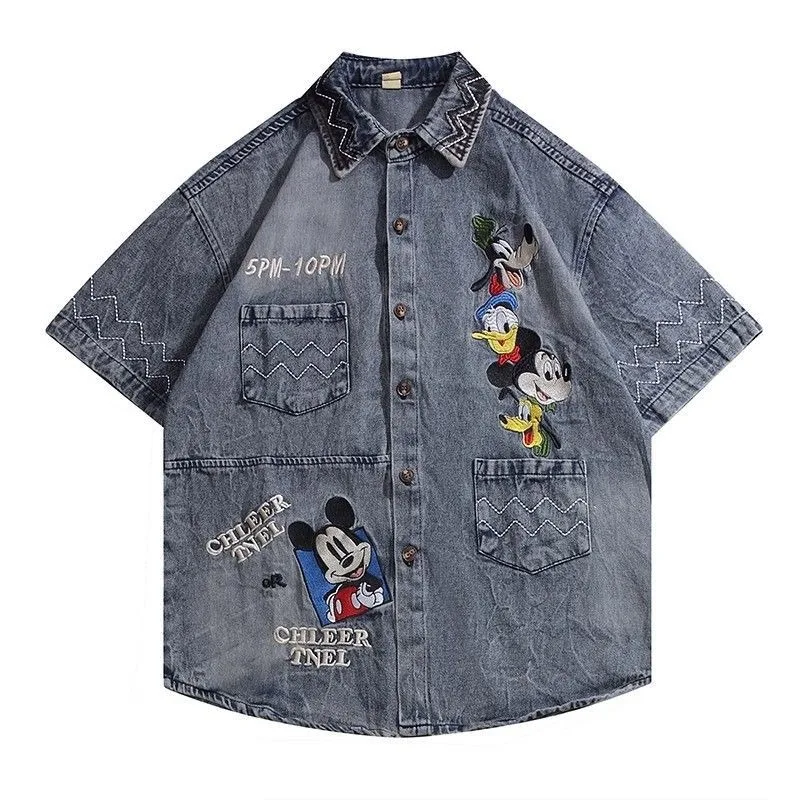 

American Vintage Denim Short Sleeve Shirt, Retro Cartoon Embroidery, Oversized Loose Fit, Unisex Casual Versatile Top fishing